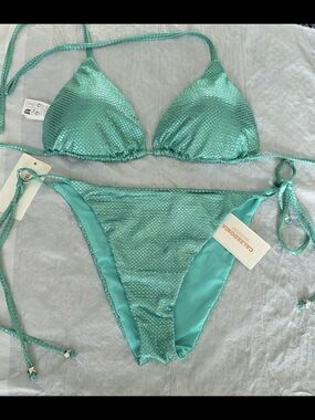 NWT Calzedonia Turquoise Shimmer Metallic Triangle Bikini Set Top L Btm S